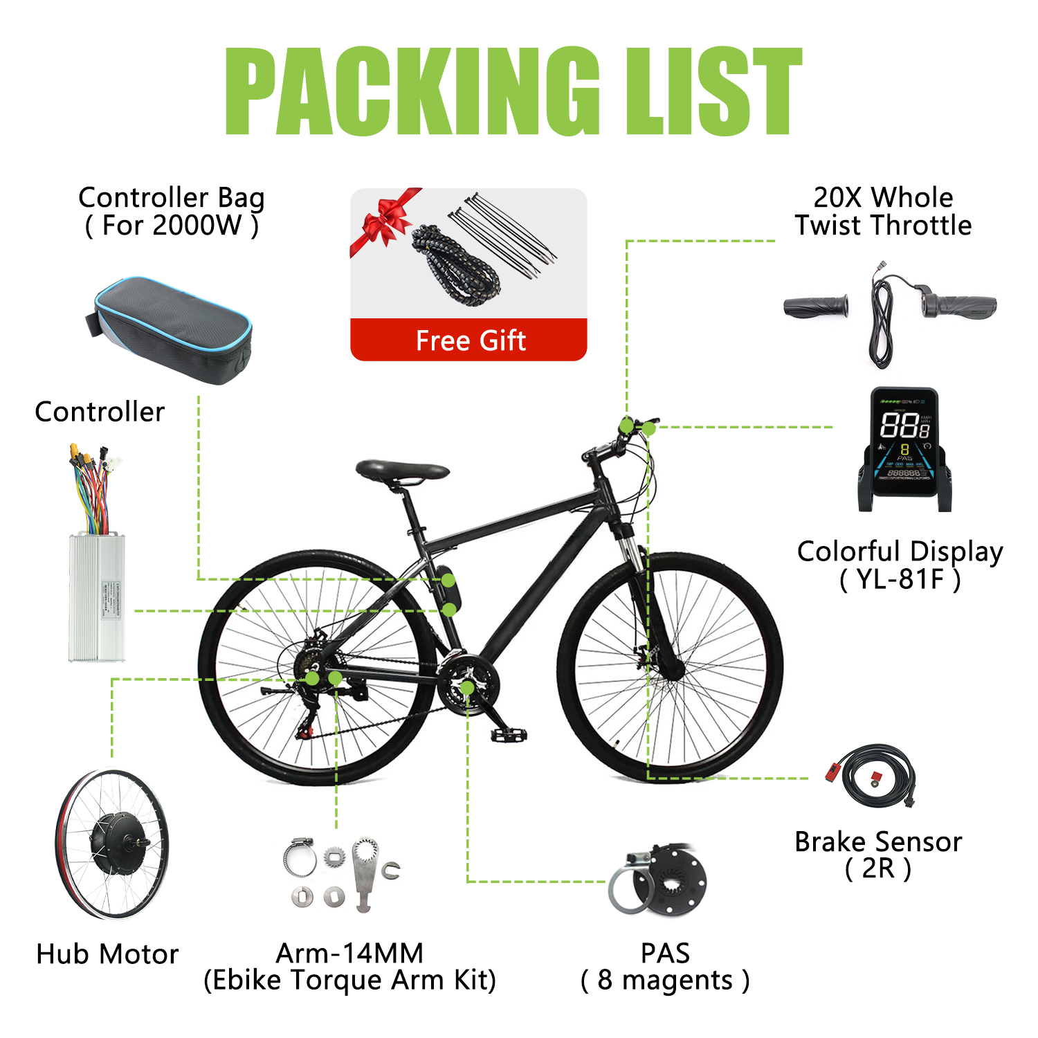 52v 2000w High Torque Hub Motor Electric Bike Kits